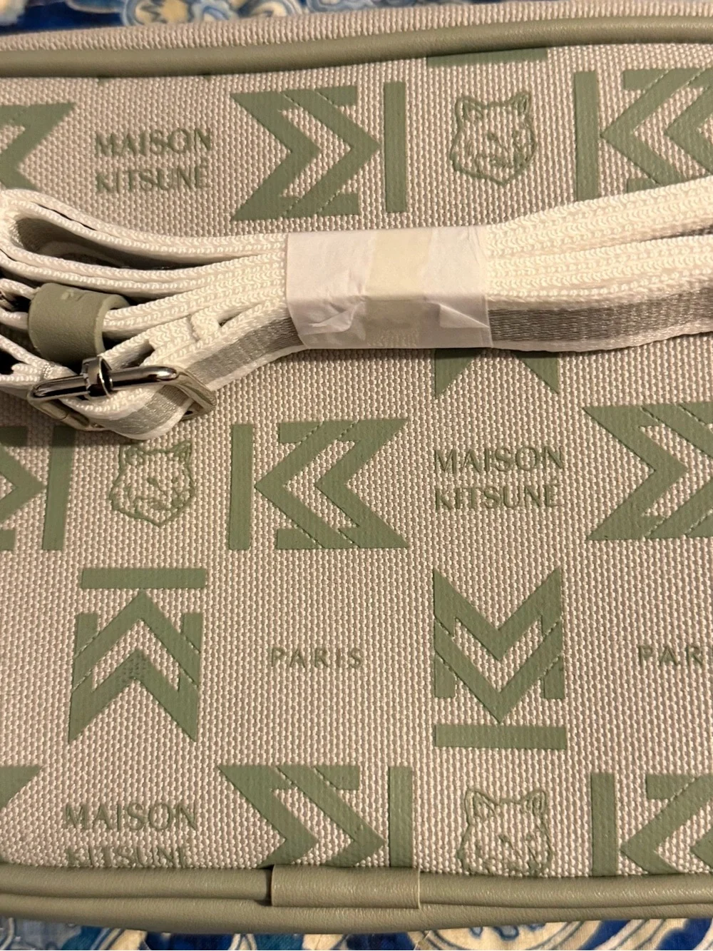 MAISON KITSUNÉ Cream and Sage Green Logo Crossbody Bag